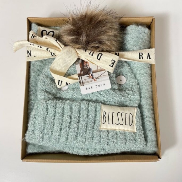 Rae Dunn Accessories - New Rae Dunn Blessed Hat and Scarf Set In Box Blue Turquoise
